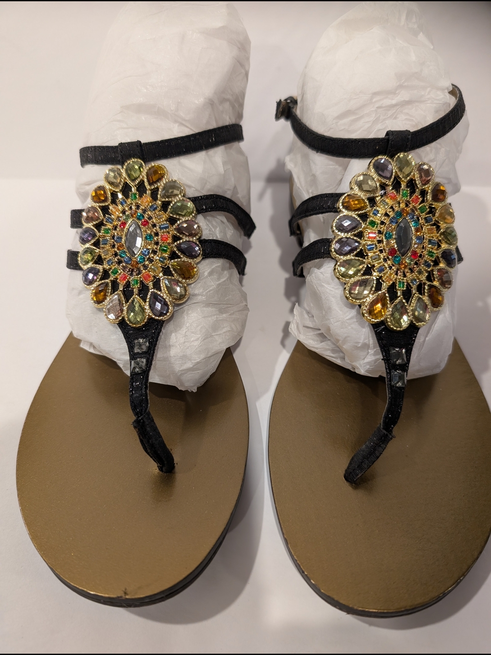 Embellished Black T-Strap Women's Sandals with Multicolor Gem Medallion